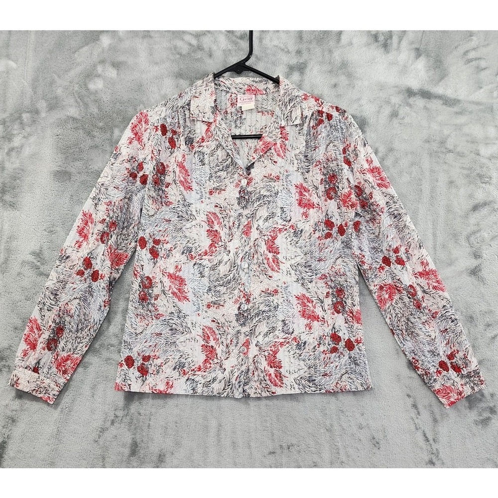 Vintage Graff Top Womens S Red‎ Gray Floral Long Sleeve Button Front 70s Grandma